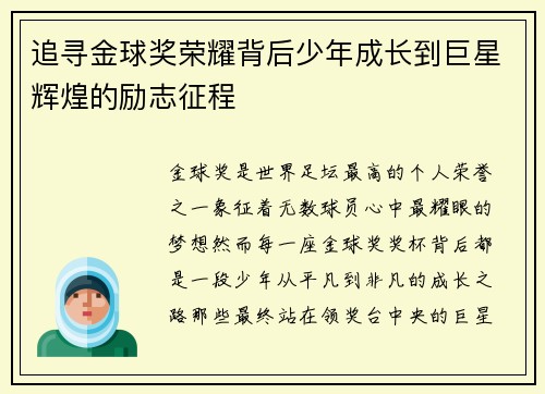 追寻金球奖荣耀背后少年成长到巨星辉煌的励志征程