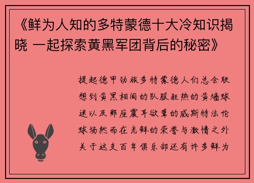 《鲜为人知的多特蒙德十大冷知识揭晓 一起探索黄黑军团背后的秘密》